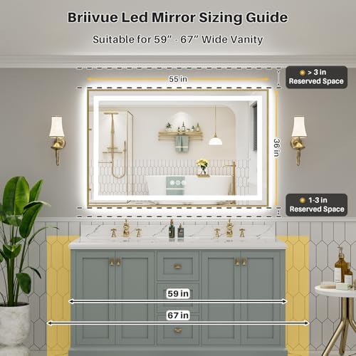 55x36 Inch LED Bathroom Mirror with Gold Frame, Backlit & Front Lit