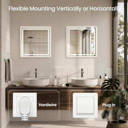 24"x24" LED Bathroom Mirror with Anti-Fog, Backlit & Front Lights, Memory