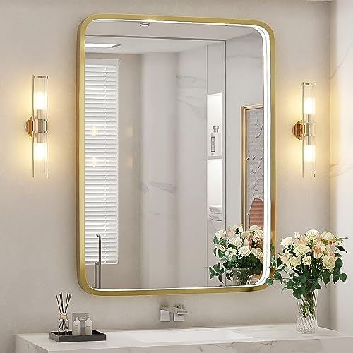 28x36 Inch LED Gold Frame Lighted Bathroom Mirror,3-Color