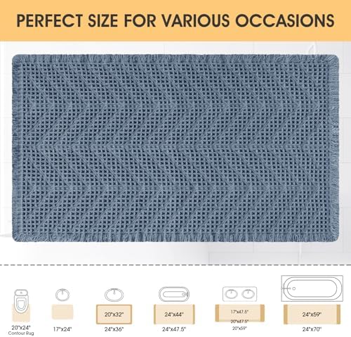 Upgrade Waffle Bath Mat, Boho Bathroom Rugs Absorbent Non Slip, Ultra Soft Bathroom Mat, Machine Washable Knit Bath Rugs with Herringbones for Bathroom, Bedroom, Kitchen, Shower, Tub, 32"x20", Blue