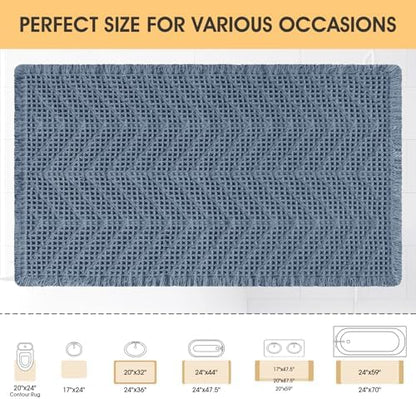 Upgrade Waffle Bath Mat, Boho Bathroom Rugs Absorbent Non Slip, Ultra Soft Bathroom Mat, Machine Washable Knit Bath Rugs with Herringbones for Bathroom, Bedroom, Kitchen, Shower, Tub, 36"x24", Blue
