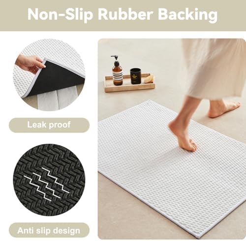Triohero Bathroom Rugs Non Slip Washable, Super Absorbent Thin Bath Mat Small Quick Dry Low Pile Bathroom Rug, White 20"x30"