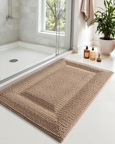 DEXI Bathroom Rugs 43x24, Non Slip Washable Chinelle Bath Mat, Dark Beige