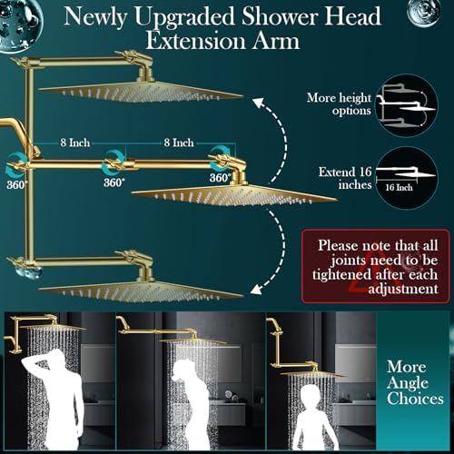 12'' Gold Rain Shower Head with 16” Extension Arm and 5 Setting Handheld