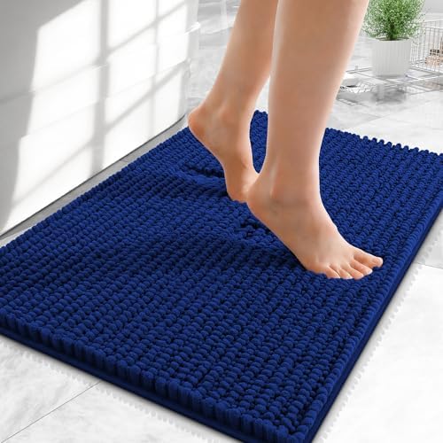 OLANLY Thick Chenille Small Bathroom Rugs 24x16, Absorbent Bath Mat, Navy