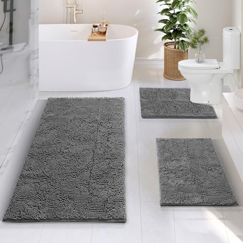 Hearth & Harbor Bathroom Rugs, Chenille Bath Mat - Machine Washable Bath Mats for Bathroom Non-Slip Backing Rubber, Quick Dry Mat - Grey Bath Rug, 17x24-26x44-20x24