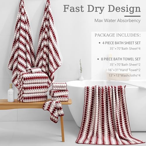 8 Piece Bathroom Towel Set |2 Oversized Bath Towels,2 Hand Towels,4 Washcloths| 600GSM Soft Hotel Towel Set Large Bath Sheet for Bathroom,Highly Absorbent Quick Dry Bath Towel Collections,Burgundy