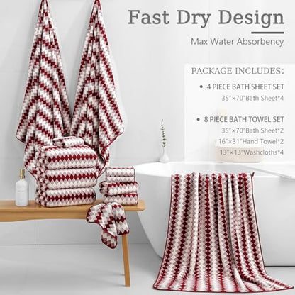 8 Piece Bathroom Towel Set |2 Oversized Bath Towels,2 Hand Towels,4 Washcloths| 600GSM Soft Hotel Towel Set Large Bath Sheet for Bathroom,Highly Absorbent Quick Dry Bath Towel Collections,Burgundy