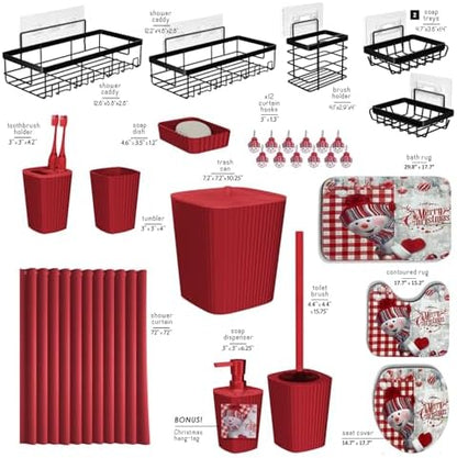 Clara Clark Bathroom Set - Christmas Bathroom Accessories Set, 27PC Bathroom Accessory Set, Christmas Bathroom Sets with Bathroom Rugs, Adhesive Corner Shower Caddy Hanging, Toilet Brush & Trash Can