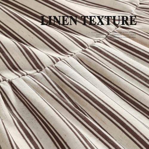 Farmhouse Shower Curtain Ruffle Linen Cream-Brown Stripe 72"W x 96"L