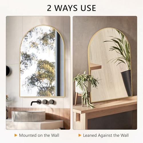 Arched Bathroom Mirror for Wall, 36" x 24" Metal Frame Vanity Mirror, Gold