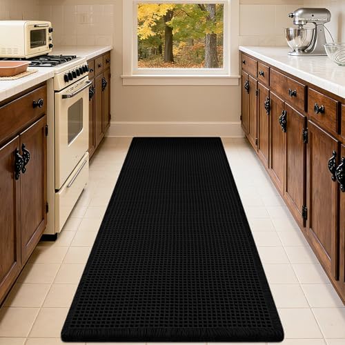 IM HOME Extra Large Waffle Bath Mat, Boho Bathroom Rugs Absorbent Non Slip, Ultra Soft Bathroom Mat, Machine Washable Knit Bath Rugs with Herringbones for Bathroom, Bedroom, Kitchen, 5'x2', Black