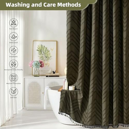 Siiluminisoy Boho Shower Curtain with Tassel Woven Fabric Olive Green Shower Curtain 72 x 72 Modern Farmhouse Textured Tufted Chevron Striped Minimalist Bathroom Shower Curtains