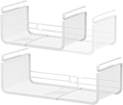 Expandable Under Shelf Basket Organizer, Under Shelf Storage, Hanging Baskets Under Cabinet for Pantry Kitchen Cupboard Desk Counter Bookshelf Space Saver Heavy Duty Slide-in (white, 2 Pack)