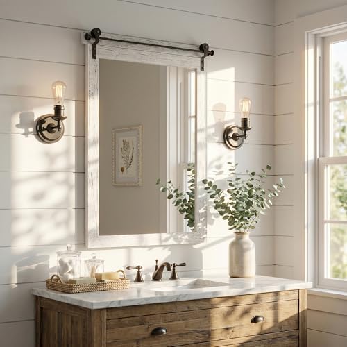 24"x36" Whitewashed Barn Door Vanity Mirror with Wood Header