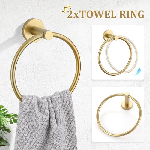 TURS Brushed Gold 8 Piece Bathroom Hardware Set, SUS304 Stainless Steel 24 Inch and 20 Inch Bath Towel Bar Set, Round Bathroom Accessories Kit Wall Mounted