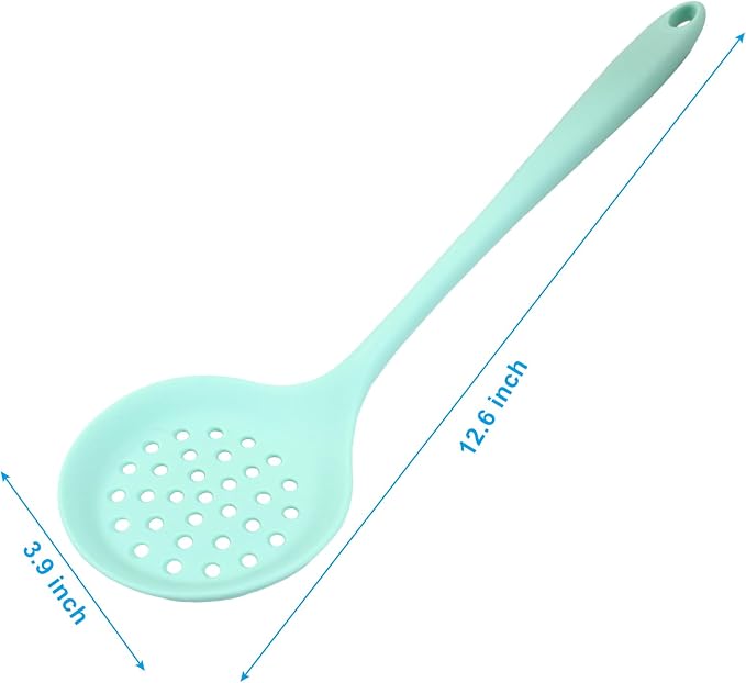 Hordion 1 Pcs Silicone Slotted Spoon, Green Strainer Spoon Non Stick Silicone Skimmer Heat Resistant Cooking Spoon