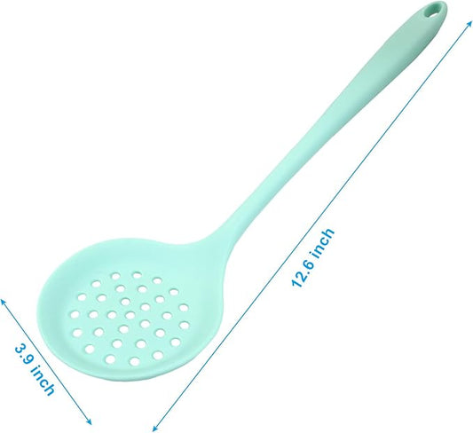 Hordion 1 Pcs Silicone Slotted Spoon, Green Strainer Spoon Non Stick Silicone Skimmer Heat Resistant Cooking Spoon
