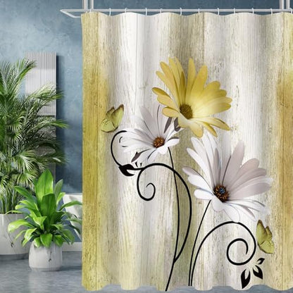 Onalasyc 4PCS Yellow Daisy Bathroom Sets with Shower Curtain and Rugs
