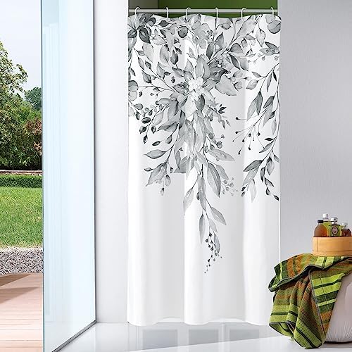 Gibelle Small Stall Shower Curtain 36 x 72, Narrow Grey Floral Decorative Bathroom, Watercolor Plant Eucalyptus Leaves Fabric