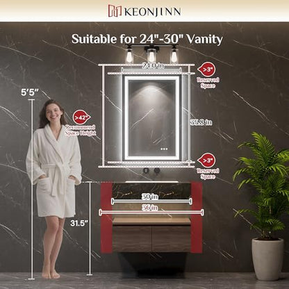 Keonjinn 24" x 36" LED Bathroom Mirror with Lights, Frontlit & Backlit