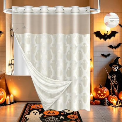 FADOTY No Hook Shower Curtain Set with Snap in Liner, Ghost, 71'' x 86''