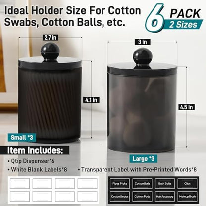 6 Pack Acrylic Qtip Holder Dispenser for Cotton Swabs, Balls, Floss Picks