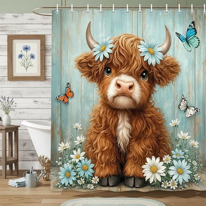 Cute Cow Shower Curtain, Farmhouse Rustic Floral Teal Daisy Funny Highland Cow Shower Curtains for Bathroom, Calf Country Plant Farm Animal Bathroom Decor with Hooks, 36x72 inch