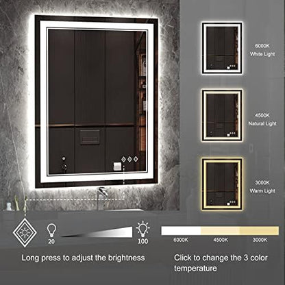 LED Mirror, 28x36 Inch Gradient Front and Backlight Lighted Mirror, 3 Colors Dimmable CRI>90 Double Lights, IP54 Enhanced Anti-Fog, Hanging Plates Wall Mount LED Bathroom Mirror
