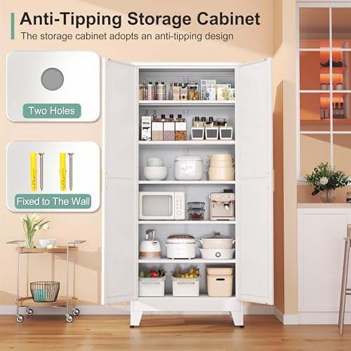 Metal Pantry Cabinet with 2 Doors and 5 Adjustable Shelves, 75"Kitchen Storage cabinets with Gold Handles, Versatile Storage for Laundry Room, Living Room, Bathroom, Dinning Room, Utility Room-White