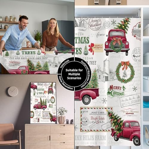 Vintage Christmas Farmhouse Shower Curtain for Bathroom 72W*72H Inch Red Truck Xmas Tree Winter Snowflake Wreath Classical Country Holiday Decorations Bathtub Decor Waterproof Polyester Fabric Set