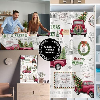 Vintage Christmas Farmhouse Shower Curtain for Bathroom 72W*72H Inch Red Truck Xmas Tree Winter Snowflake Wreath Classical Country Holiday Decorations Bathtub Decor Waterproof Polyester Fabric Set