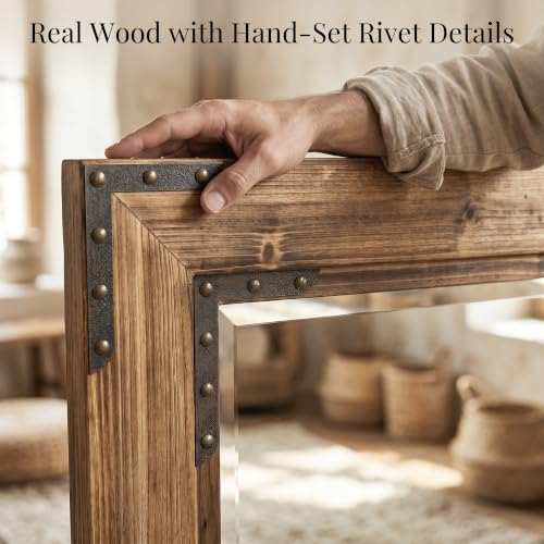 Rustic Brown 30x40 Inch Wood Bathroom Vanity Mirror, Rivets