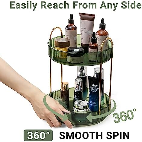 Asayuee 360 Rotating Makeup Organizer for Vanity,2 Tier Large Capacity Skincare Organizers,Bathroom Counter Organizer, Spinning Perfume Organizer & Vanity Organizer (Green-2 Tier)