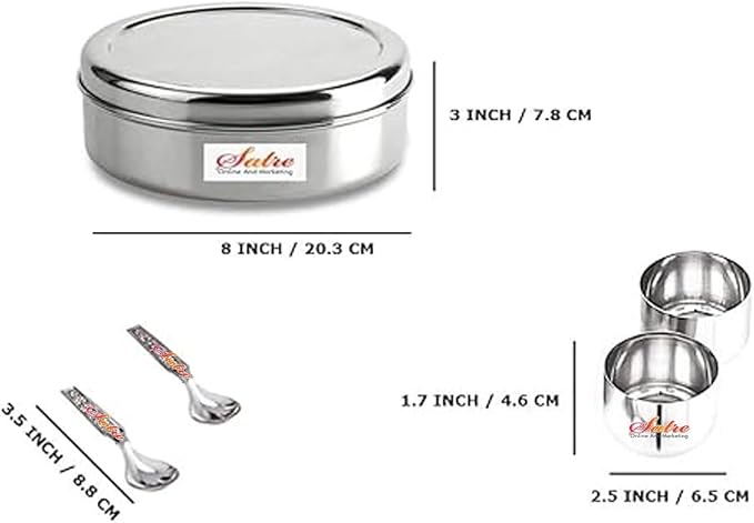 Satre Online and Marketing Stainless Steel Spice Box Without Lid,Stainless Steel Masala Box,Indian Spice Box with 7 Spice Containers and Spoons