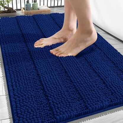 OLANLY Thick Bathroom Rugs 34x21, Soft Chenille Striped Bath Rugs, Navy