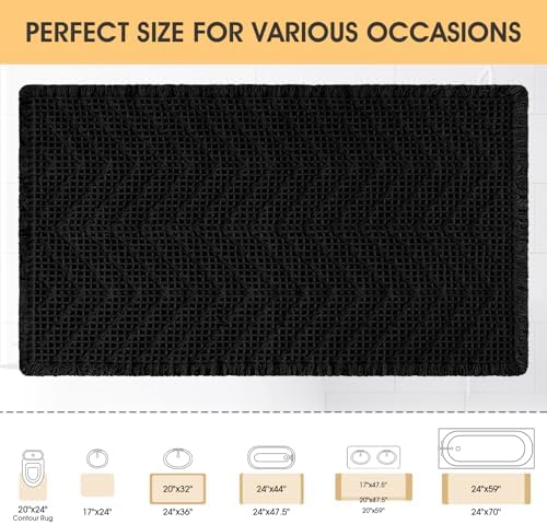 Upgrade Waffle Bath Mat, Boho Bathroom Rugs Absorbent Non Slip, Ultra Soft Bathroom Mat, Machine Washable Knit Bath Rugs with Herringbones for Bathroom, Bedroom, Kitchen, Shower, Tub, 32"x20", Black