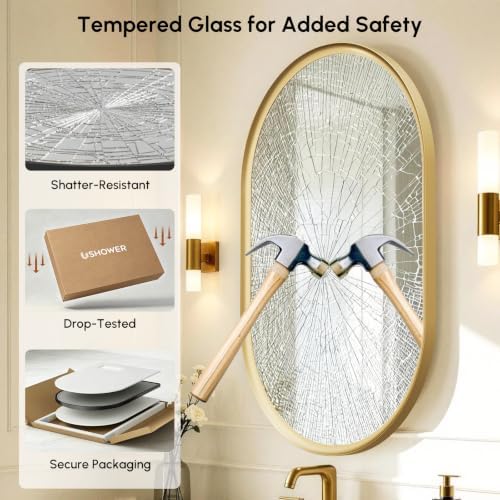 USHOWER Brushed Gold Pill Oval Mirror for Bathroom 24x36 Inch