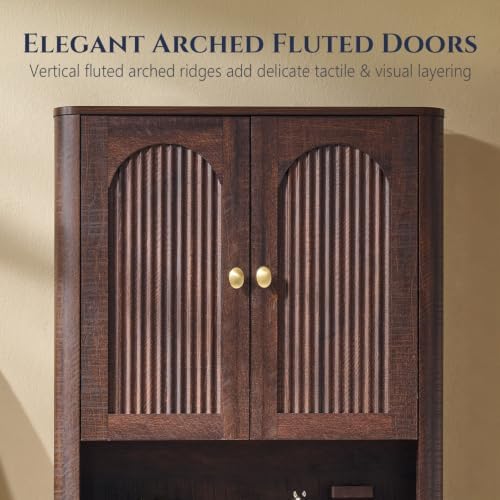 Bathroom Fluted Arched Wall Cabinet, 23.6''W Wood Medicine Cabinet,Brown