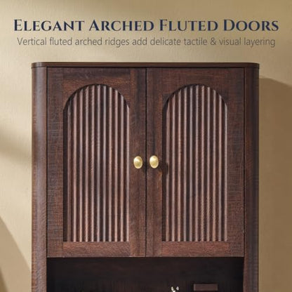 Bathroom Fluted Arched Wall Cabinet, 23.6''W Wood Medicine Cabinet,Brown