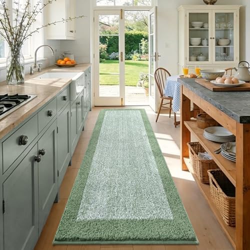 80x24 Long Bathroom Rugs Non Slip Washable, Soft Absorbent Bath Mat Green