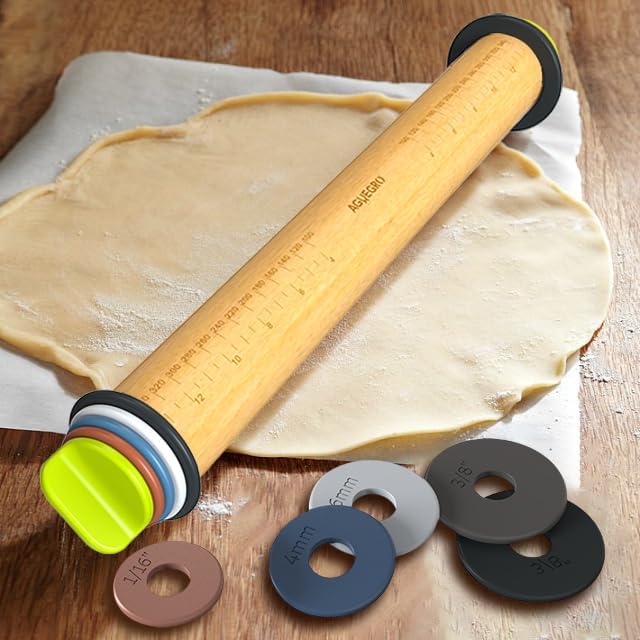 Rolling Pin with Adjustable Thickness Ring, Dough Thickness for Baking, Fondant, Pizza, Crust, Cookies, Pastry, 13.6" Wooden Rolling Pin with 4 Multi-Color Thickness Rings and Wooden Stand
