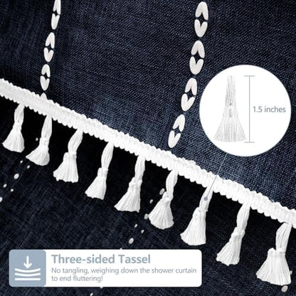 Seenus 72 x 76 inch Extra Long Boho Chic Shower Curtain Heavyweight with Tassels, Navy Linen Textured Fabric Farmhouse Shower Curtain, Elegant White Striped Bathroom Curtain Water Repellent