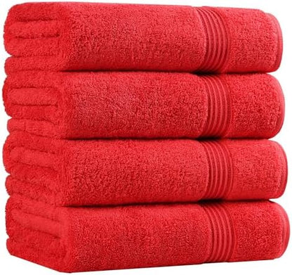 SUPERIOR Egyptian Cotton Bath Towel Set, Towels for Home Bathroom, Master, Guest Bath, Decor Essentials, Quick Dry, Absorbent, Large Body Towels, Spa, Hotel, Resort, Adult, Kids, Set of 4, Red