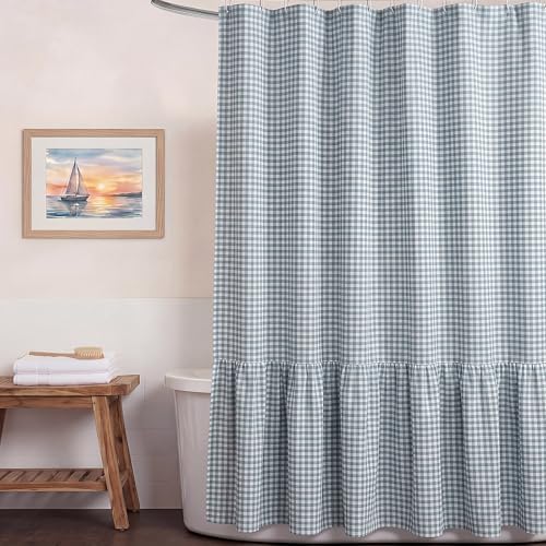 HunnmingRe Ruffle Hem Gingham Shower Curtain Dust Blue