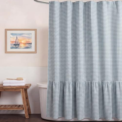 HunnmingRe Ruffle Hem Gingham Shower Curtain Dust Blue