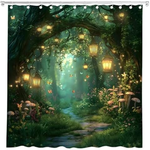 Fantasy Forest Path Shower Curtain Fairy Magical Enchanted Misty Jungle Mushroom Floral Tree Butterfly Lantern Wonderland Bath Curtain Fabric Bathroom Accessories Decor with Hooks 70W x80L