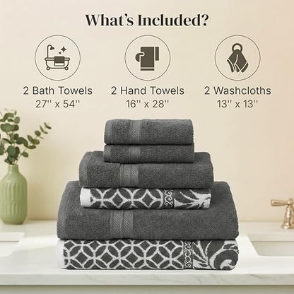 Modern Threads 6 Piece Bath Towel Set – Bathroom Set with 2 Bath Towels, 2 Hand Towels, and 2 Wash Cloths – 100% Cotton, Super Absorbent & Extra Soft – Reversible Botanical Vine (Gray)