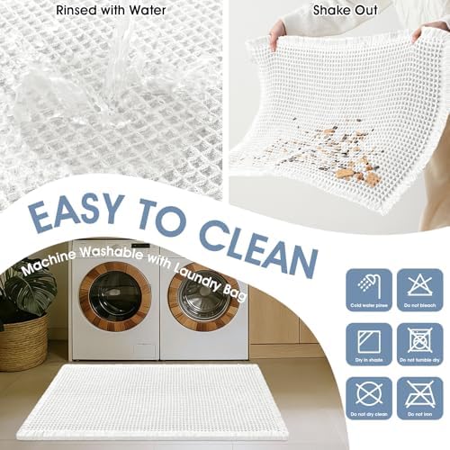 ACCUMTEK Upgraded Waffle Bath Mat, 32"x20" White, Super Absorbent Non-Slip Quick Dry Bathroom Rugs with Tassels, Machine Washable Ultra Soft Boho Bath Rugs for Floor, Toilet Mats Boho Farmhouse Decor