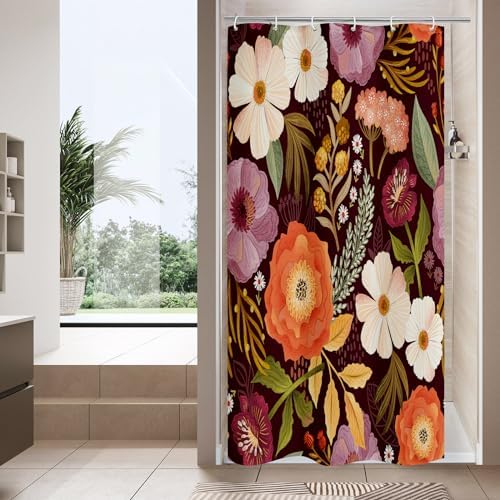 Boho Floral Shower Curtain, Purple Botanical Fabric Curtain, 36 x 72
